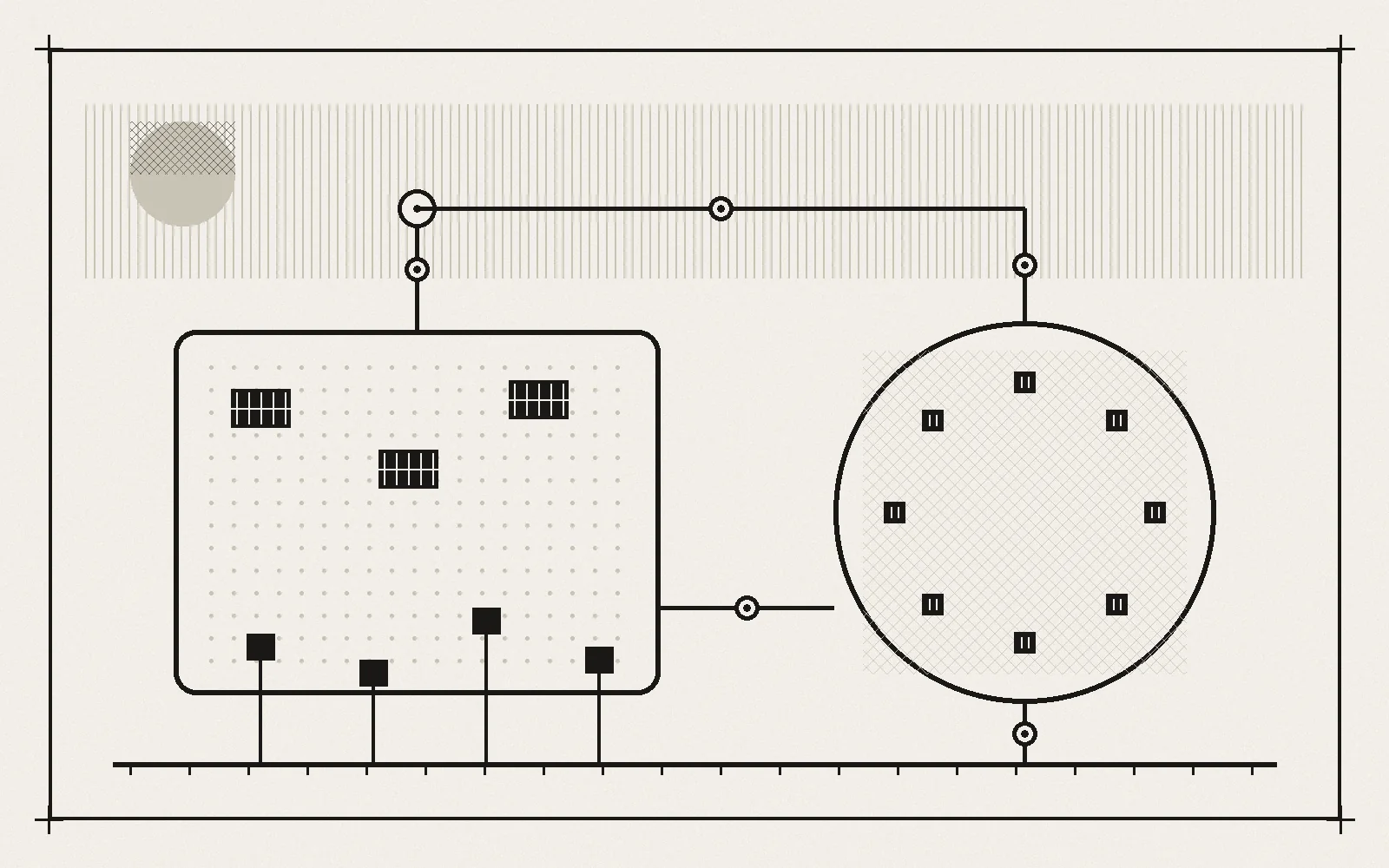 Diagram of two islanded microgrids, a rectangle and a circle, joined by an intertie to a substation with feeders to a load rail, solar blocks and battery ticks inside the islands