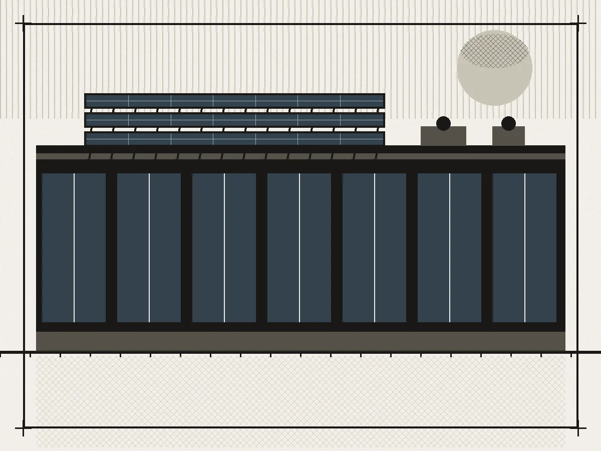 Section drawing of a flat-roof commercial building with three racked rows of rooftop solar panels, a glazed seven-bay facade, and a hatched foundation on a datum line